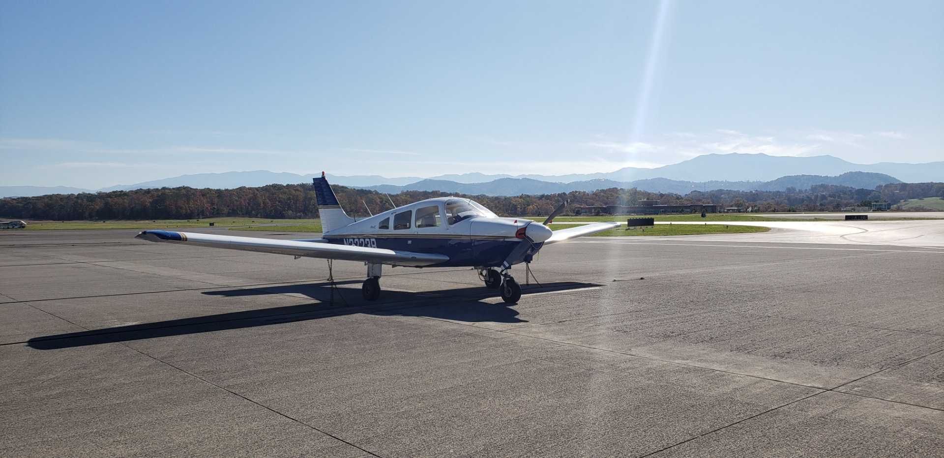 N2223R on the ramp at Chattanooga with the mountains behind it
